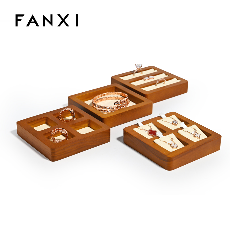 FANXI Classic Wooden Jewelry Tray Display For Ring Bracelet Earrings Pendant Exhibitor Jewellry Wood Case