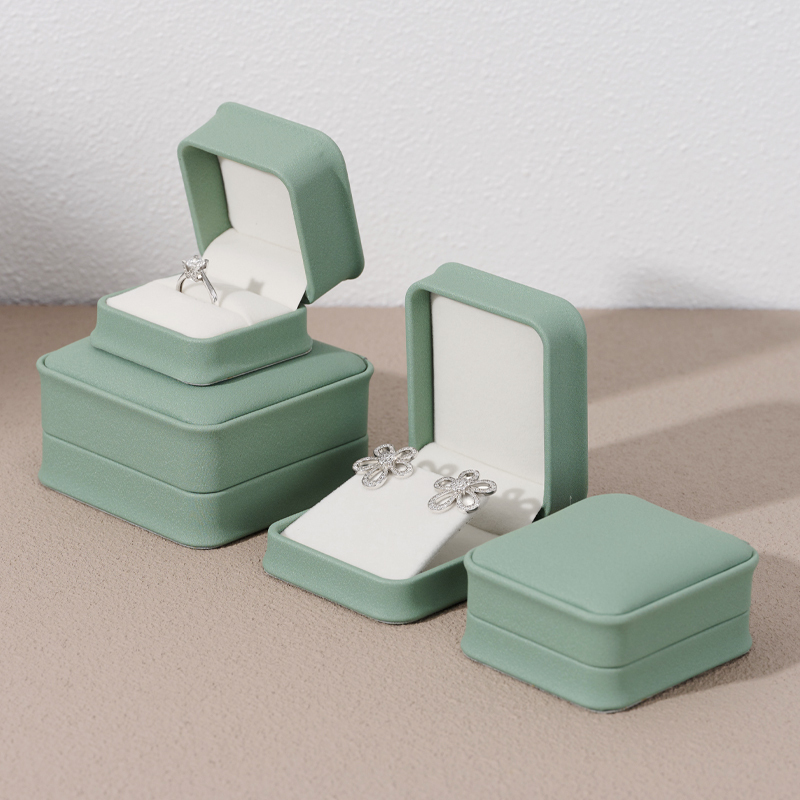 FANXI Elegant Green PU Leather Plush Wedding Ring Box Travel Jewellery Packaging Ring Earring Bracelet Necklace Packaging Jewelry Box Set