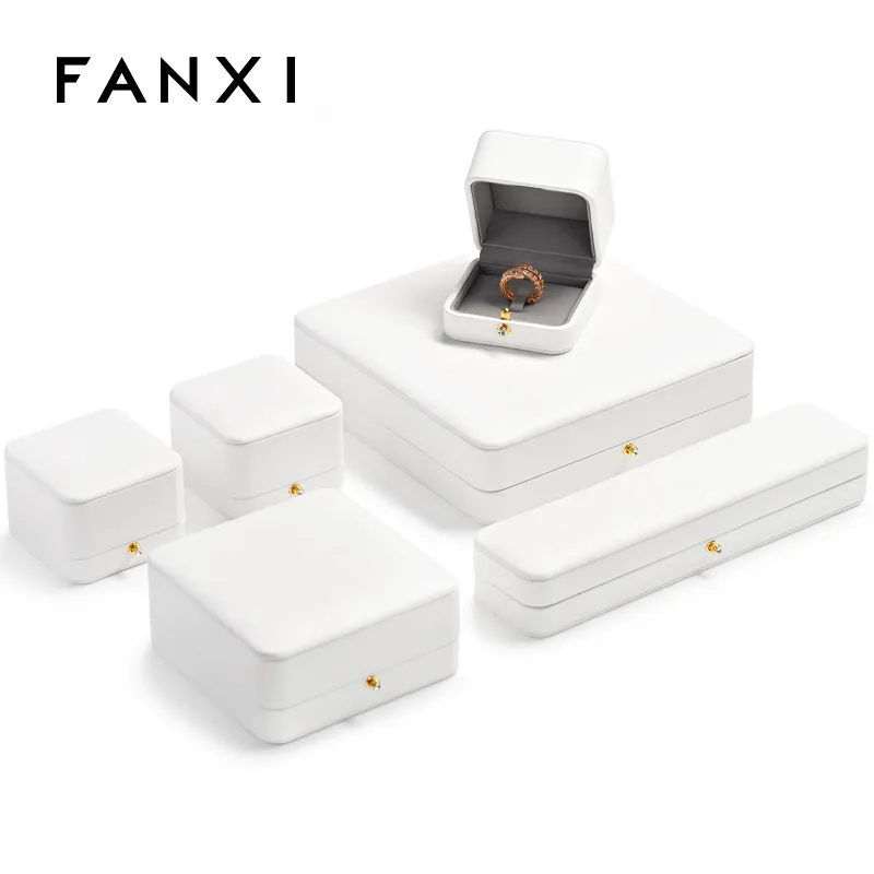 FANXI Wholesale PoPular White Pu Leather Grey Microfiber Box With Button For Ring Pendant Jewelry Package With Custom Logo