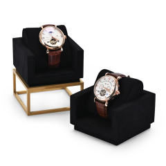 FANXI Custom Luxury Watch Display Stand Black Microfiber Gold Metal Jewelry Window Display Set