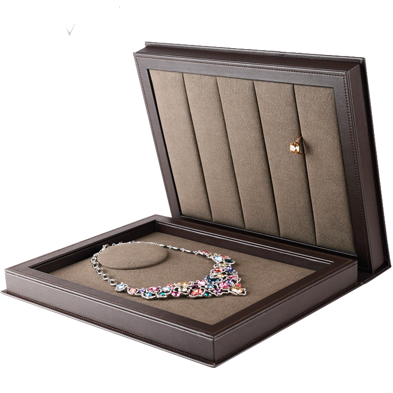 FANXI Wholesale Embossed Logo Coffee Leather Ring Earring Necklace Jewelry Boxes Book Shape Luxury Gift Box