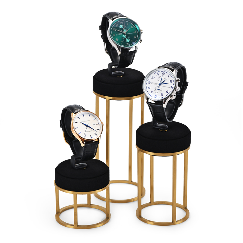 FANXI Custom Luxury Watch Display Stand Black Microfiber Gold Metal Jewelry Window Display Set
