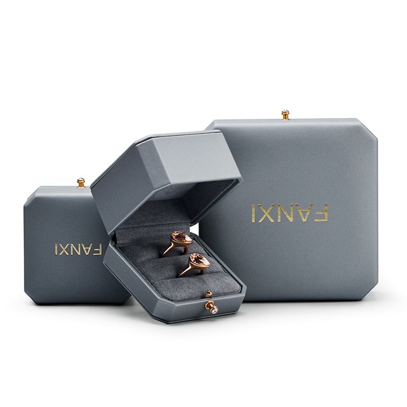 Fanxi New Wholesale Octagonal Shape Jewellery Packaging Box Ring Necklace Boxes Light Grey Pu Leatherjewelry Packing Gift Box