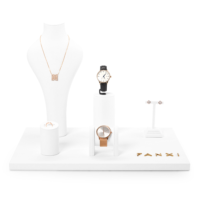 Fanxi New Arrival White Microfiber Jewelry Set For Ring Necklace Earring Jewelry Display Rack Showcase