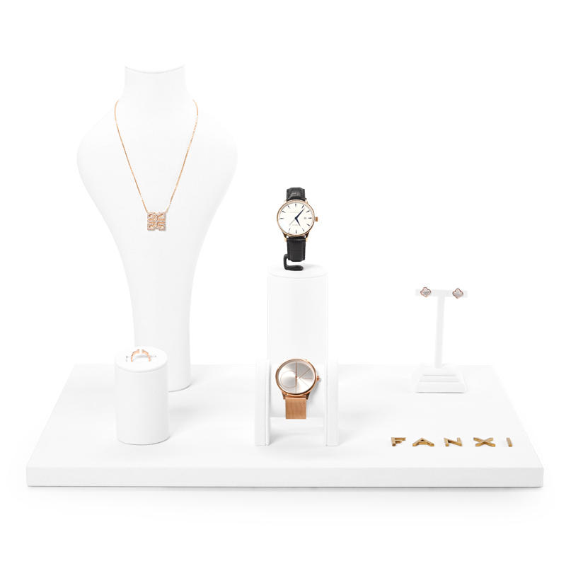 Fanxi New Arrival White Microfiber Jewelry Set For Ring Necklace Earring Jewelry Display Rack Showcase