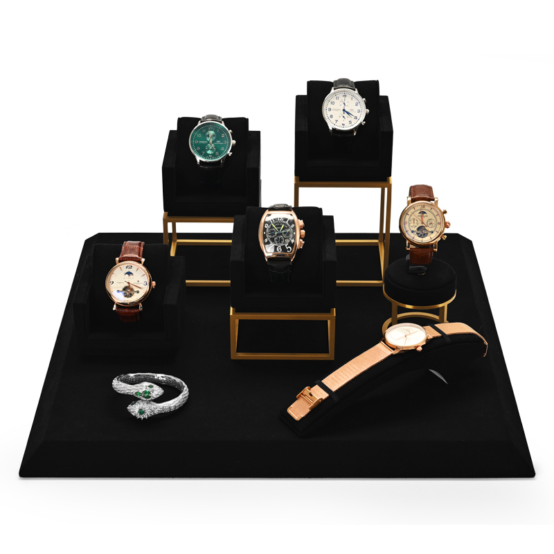 FANXI Custom Luxury Watch Display Stand Black Microfiber Gold Metal Jewelry Window Display Set