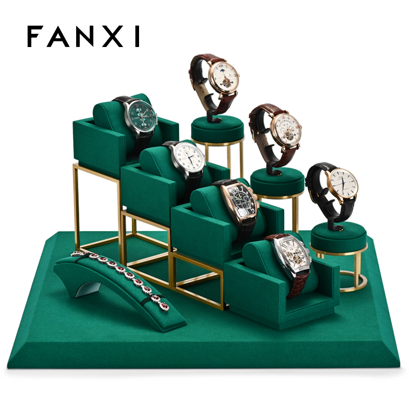 Fanxi Hot Sale New Arrival Green Microfiber Metal Watch Display Cabinet For Watches Jewelry Display Stand With Custom Logo