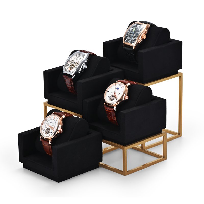 FANXI Custom Luxury Watch Display Stand Black Microfiber Gold Metal Jewelry Window Display Set
