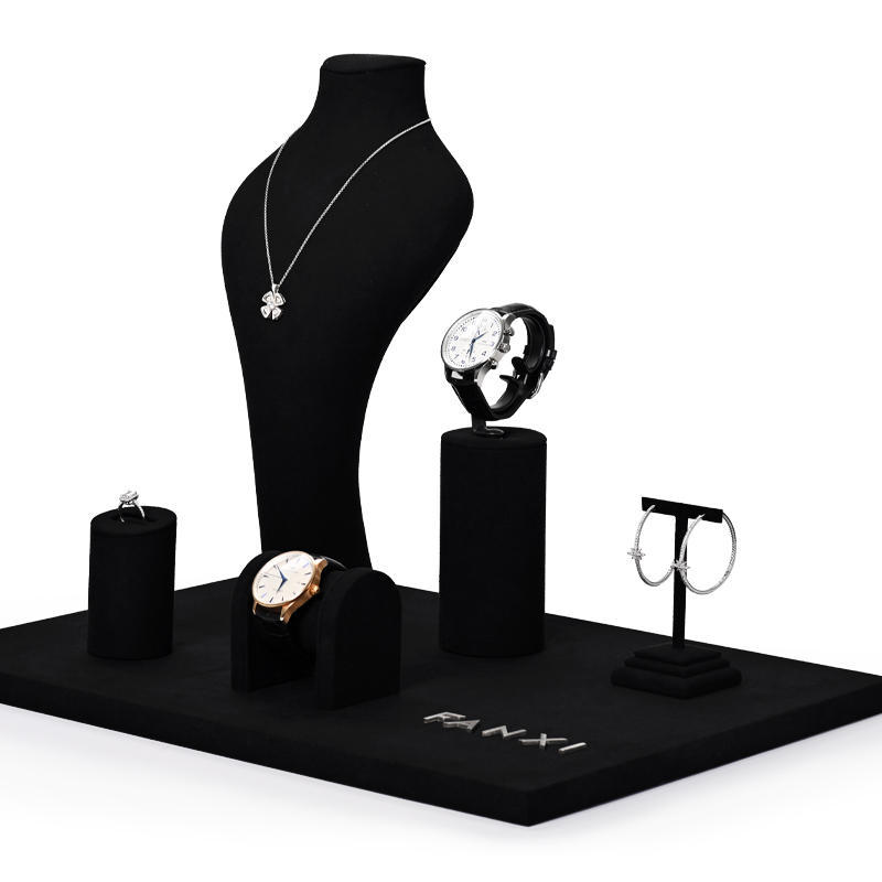 Fanxi Custom Hot Sale Black Mircrofiber Jewelry Display Stand For Ring Earring Pendant Necklace Jewelry Showcase