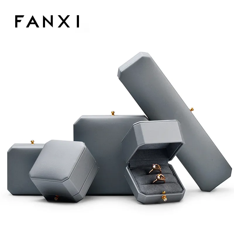 Fanxi New Wholesale Octagonal Shape Jewellery Packaging Box Ring Necklace Boxes Light Grey Pu Leatherjewelry Packing Gift Box