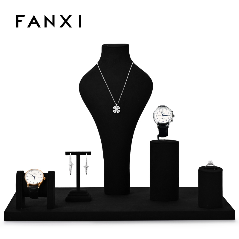 Fanxi Custom Hot Sale Black Mircrofiber Jewelry Display Stand For Ring Earring Pendant Necklace Jewelry Showcase