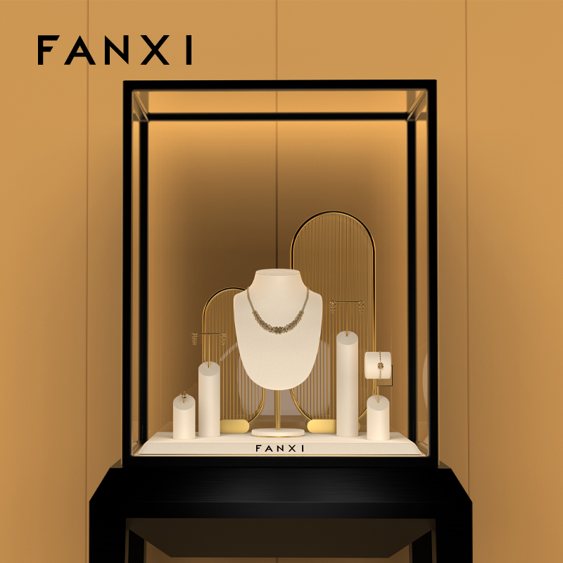 Fanxi New Arrival High End Metal Microfiber Jewelry Display Rack Set For Ring Earring Pendant Necklace Bracelet Shop