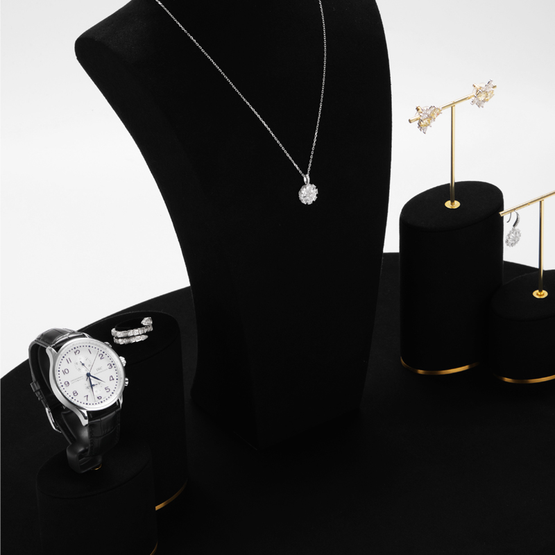 FANXI Custom Wholesale Ring Earrings Necklace Watch Display Stand Black Microfiber Gold Metal Jewelry Window Display Set