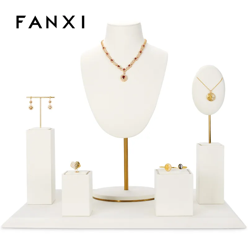 Fanxi New Arrival Luxury Jewelry Display Stands Metal Rack With Cream Microfiber For Ring Earring Pendant Necklace Showcase Set