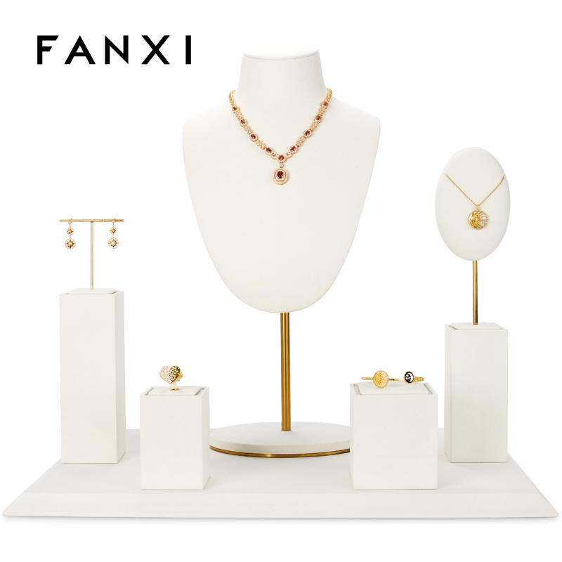 Fanxi New Arrival Luxury Jewelry Display Stands Metal Rack With Cream Microfiber For Ring Earring Pendant Necklace Showcase Set