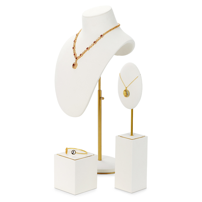 Fanxi New Arrival Luxury Jewelry Display Stands Metal Rack With Cream Microfiber For Ring Earring Pendant Necklace Showcase Set