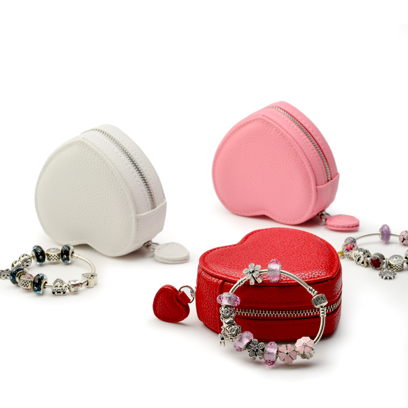 FANXI Wholesale Heart Shape Jewelry Organizer Box with Zipper Pink PU Leather Jewelry Box