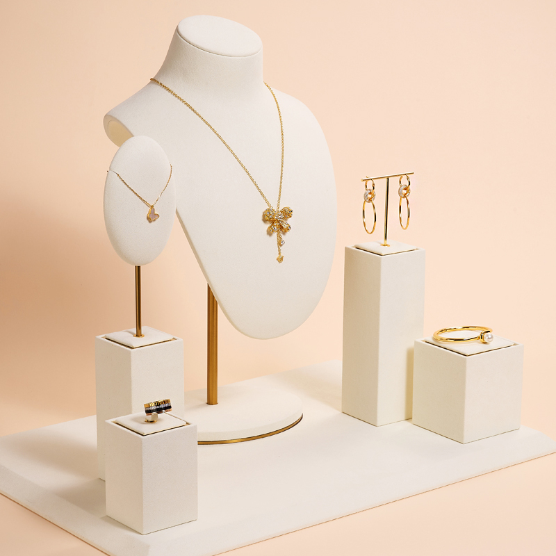 Fanxi New Arrival Luxury Jewelry Display Stands Metal Rack With Cream Microfiber For Ring Earring Pendant Necklace Showcase Set