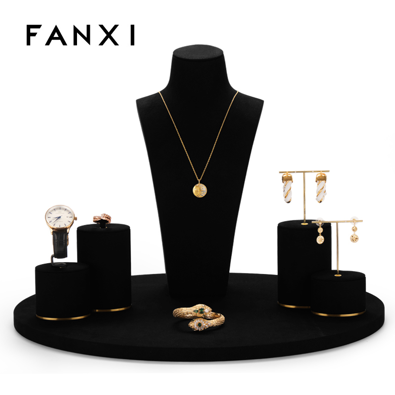 FANXI Custom Wholesale Ring Earrings Necklace Watch Display Stand Black Microfiber Gold Metal Jewelry Window Display Set