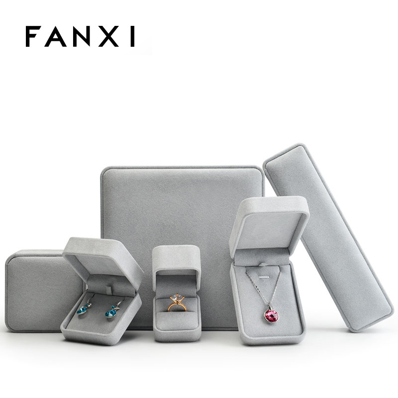 FANXI Elegant Custom Logo Jewelry Box With Microfiber Fabric Gray Color Earring Ring Bangle Bracelet Luxury Jewelry packing Box