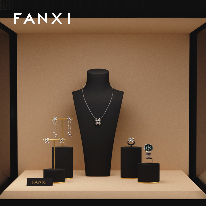 FANXI Custom Wholesale Ring Earrings Necklace Watch Display Stand Black Microfiber Gold Metal Jewelry Window Display Set