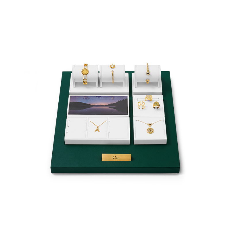 Factory Directly Sales Muntifuction Counter Jewellery Stands Jewelry Display Set With Luxury Green PU Leather