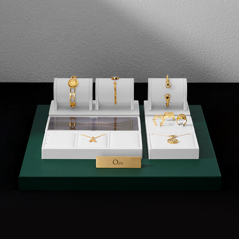 Factory Directly Sales Muntifuction Counter Jewellery Stands Jewelry Display Set With Luxury Green PU Leather