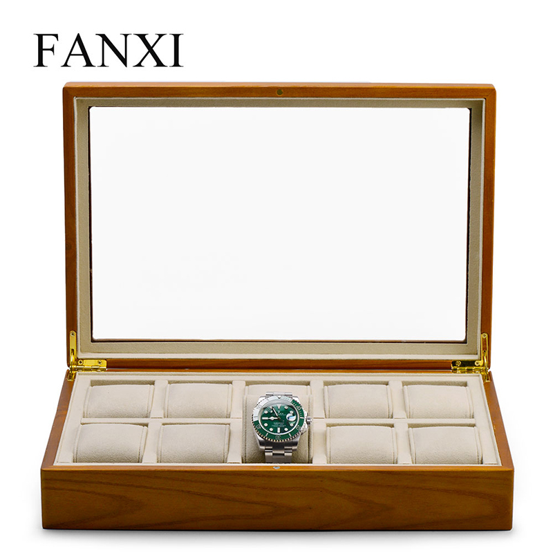 Fanxi Factory Custom Wood Case Microfiber Glass Lid Jewelry Display Watch Case For Shop Showcase Jewellery Packaging Case