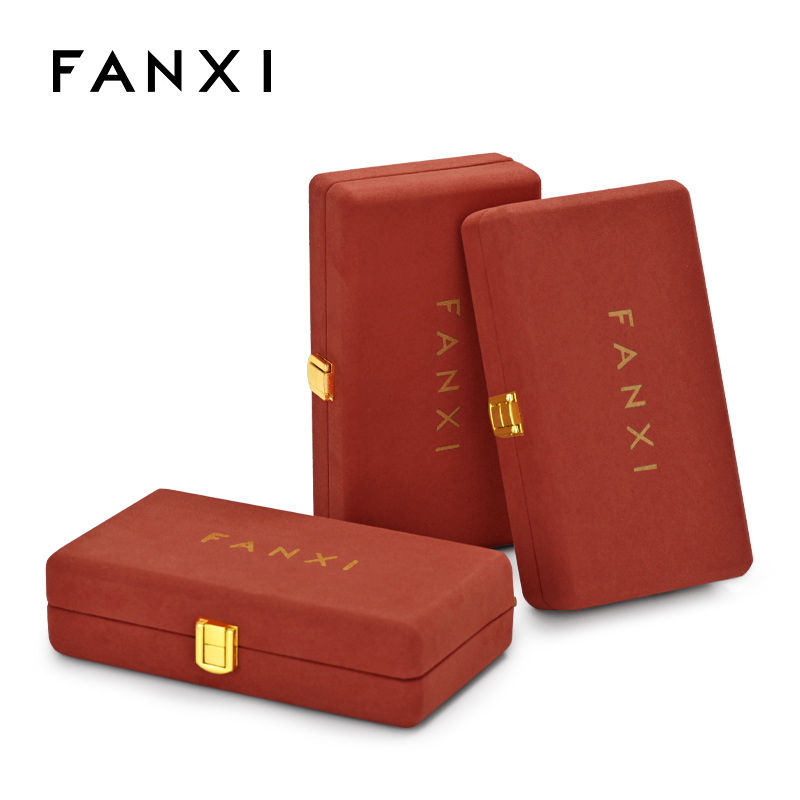 FANXI China Wholesale New Luxury Velvet Microfiber Jewellery Set Case with Golden Lock Ring Necklace Boxes Orange Jewelry Package