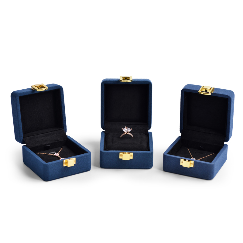 FANXI Fashion Dark Blue Microfiber Jewelry Packaging Box With Metal For Ring Pendant Display