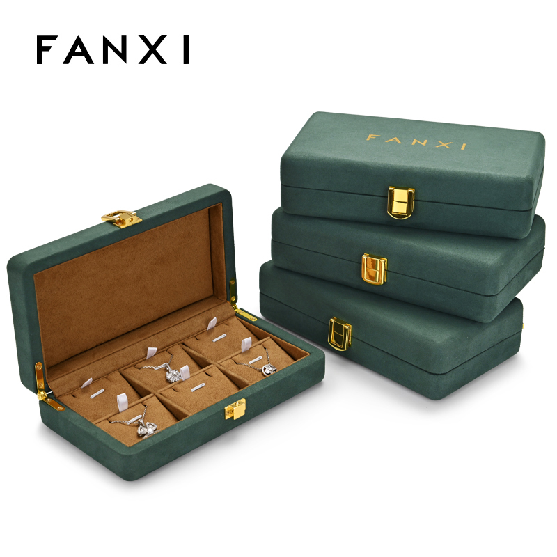 Fanxi Custom Green Microfiber Jewelry Box Bangle Ring Earrings Necklace Package Box Vintage Green Jewelry Storage Case