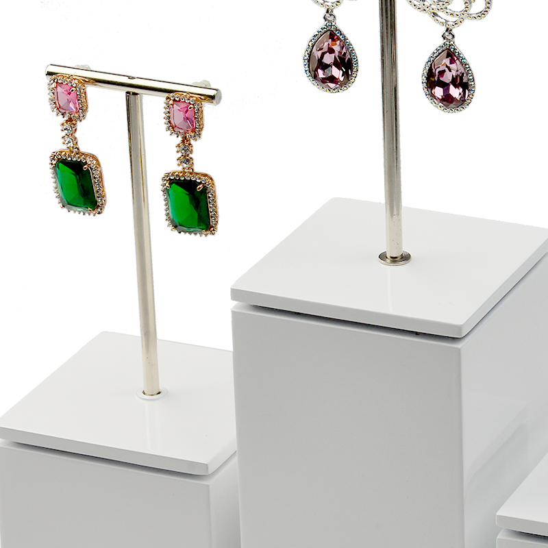 FANXI Solid Wood White Luxury Jewelry Ring Earring Display Stand Holder With Silver Metal T-bar Display Stands