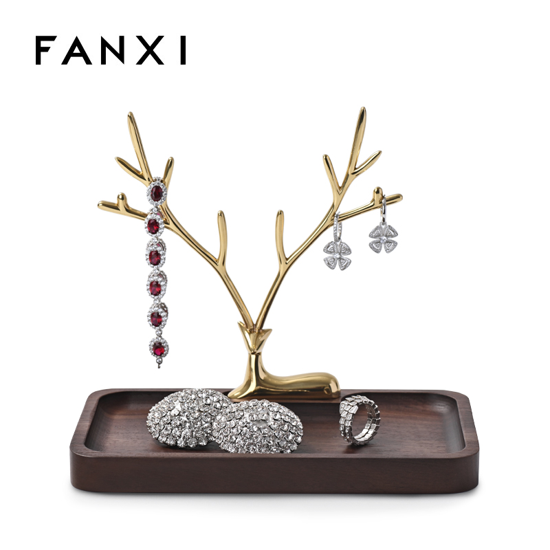 Fanxi Customized Wooden Jewelry Stand Luxury Jewellery Packaging Holder Watch Bangle Earring Storage Stand Gold Deer Shape Jewelry Display