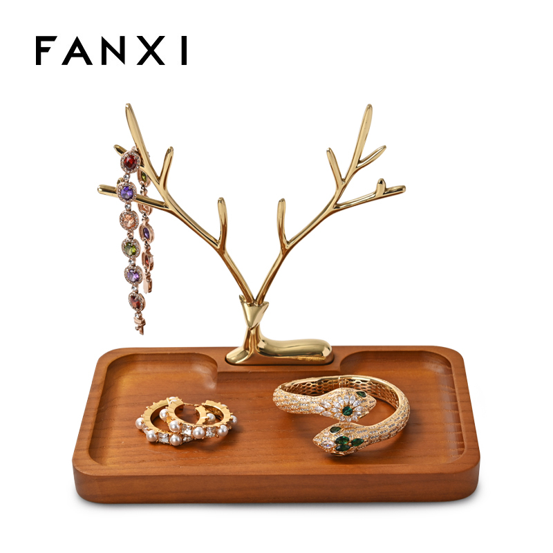 Fanxi Customized Wooden Jewelry Stand Luxury Jewellery Packaging Holder Watch Bangle Earring Storage Stand Gold Deer Shape Jewelry Display