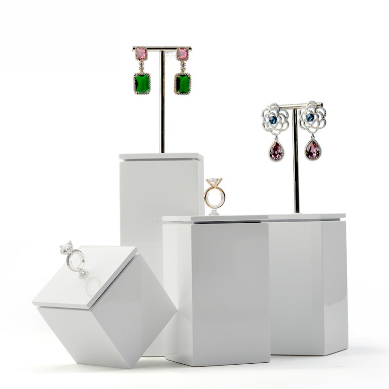 FANXI Solid Wood White Luxury Jewelry Ring Earring Display Stand Holder With Silver Metal T-bar Display Stands