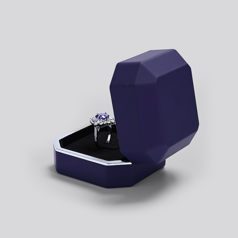 FANXI Custom Luxury Rubber Paint Purple Ring Box With LED Light Jewelry Display Box With Silver Edge