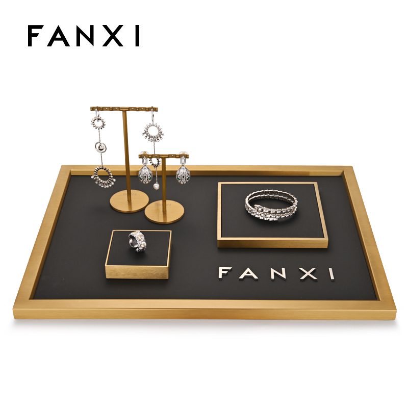 Fanxi New Arrival Jewelry Display Stands Pu Leather And Metal Luxury Ring Earring Necklace Shop Window Display Showcase Set