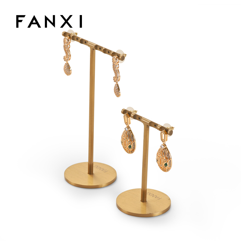 Fanxi Custom Luxury Gold Metal And White Microfiber Jewelry Display Stand Ring Earrings Necklace Jewelry Window Display Set