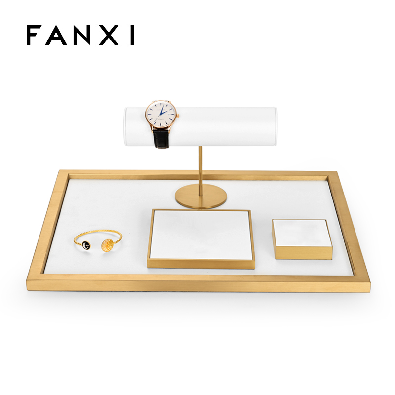 Fanxi Custom Luxury Gold Metal And White Microfiber Jewelry Display Stand Ring Earrings Necklace Jewelry Window Display Set