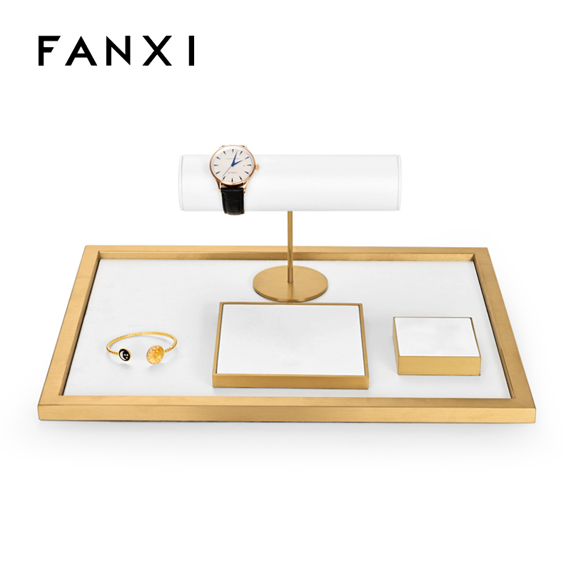 Fanxi Custom Luxury Gold Metal And White Microfiber Jewelry Display Stand Ring Earrings Necklace Jewelry Window Display Set