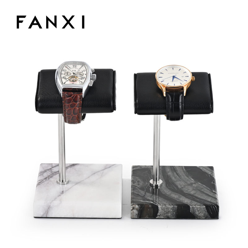 Fanxi New Arrival Custom Luxury Pu Leather And Marble Watch Display Retro Holder Jewelry Showcase Display Stands