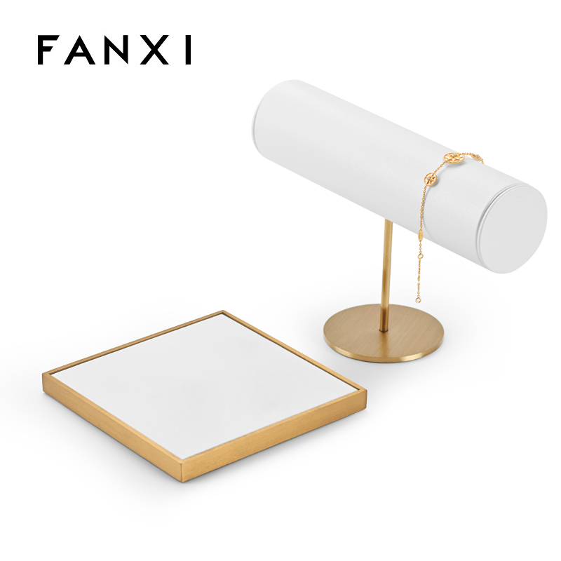 Fanxi Custom Luxury Gold Metal And White Microfiber Jewelry Display Stand Ring Earrings Necklace Jewelry Window Display Set