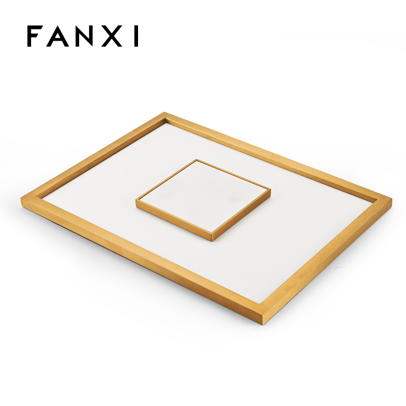Fanxi Custom Luxury Gold Metal And White Microfiber Jewelry Display Stand Ring Earrings Necklace Jewelry Window Display Set