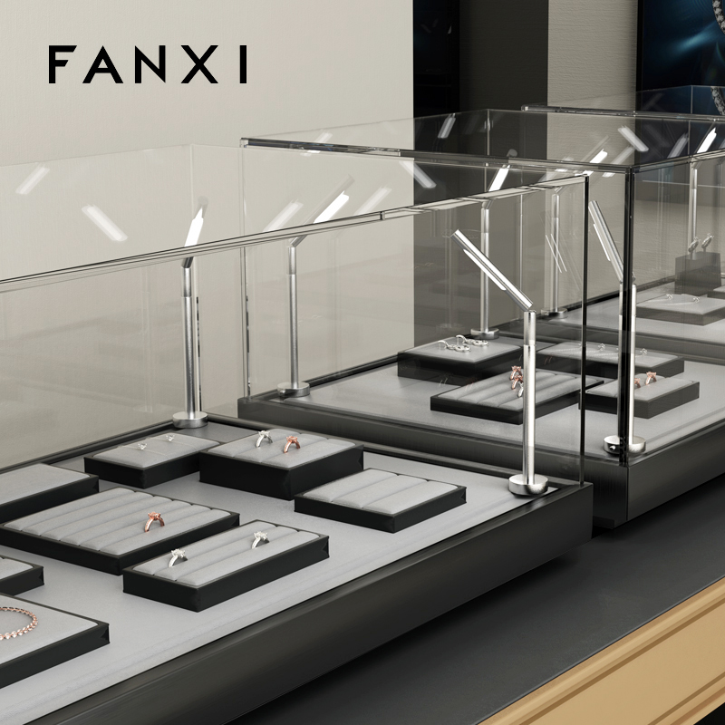 Fanxi New Luxury Gray PU Leather Jewelry Display Tray for Ring Pendant Bangle Necklace