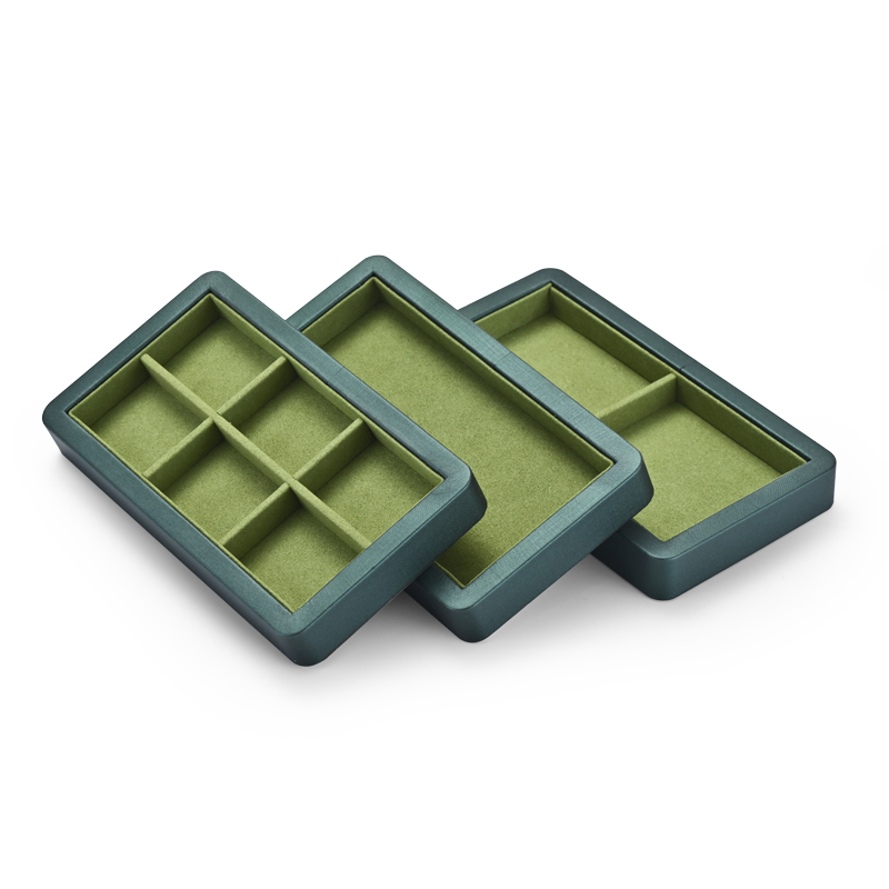 Fanxi New Luxury Green PU Leather With Microfiber Jewelry Display Tray For Ring Pedant Bangle Display Plates with Clear Window