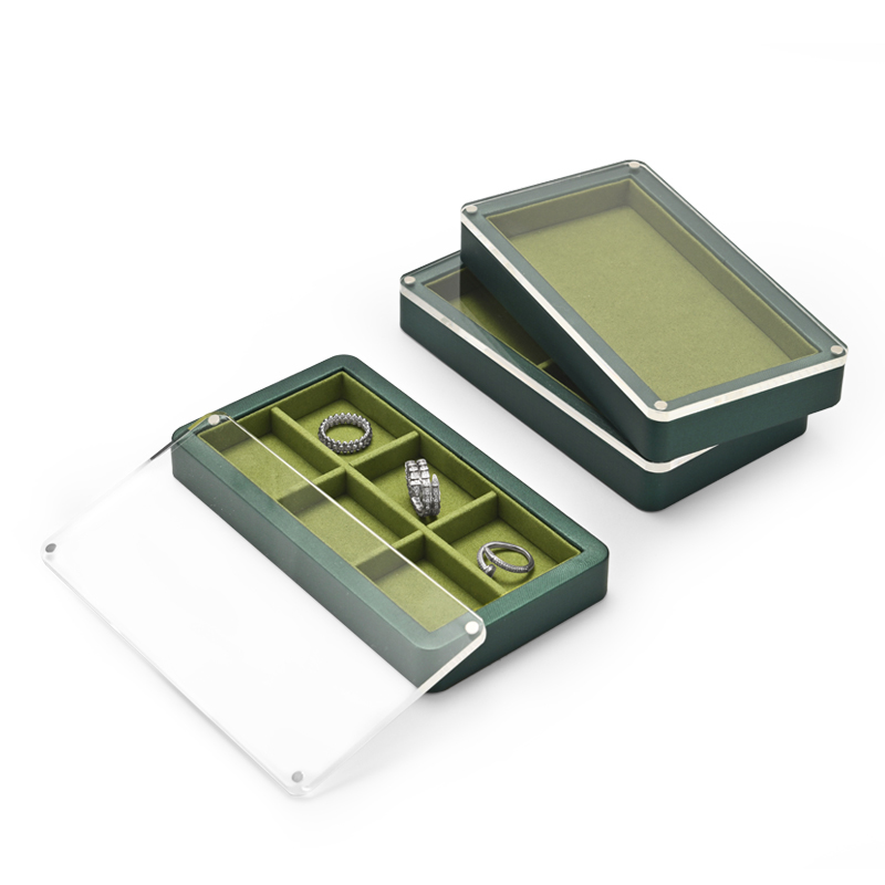 Fanxi New Luxury Green PU Leather With Microfiber Jewelry Display Tray For Ring Pedant Bangle Display Plates with Clear Window