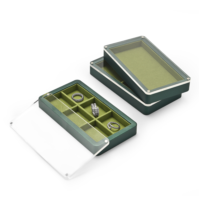 Fanxi New Luxury Green PU Leather With Microfiber Jewelry Display Tray For Ring Pedant Bangle Display Plates with Clear Window