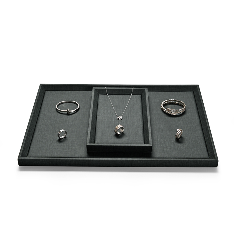 Fanxi OEM Custom Wholesale Classic Dark Grey Pu Leather Jewelry Displays Ring Earrings Pendant Bangle Necklace Jewelry Trays