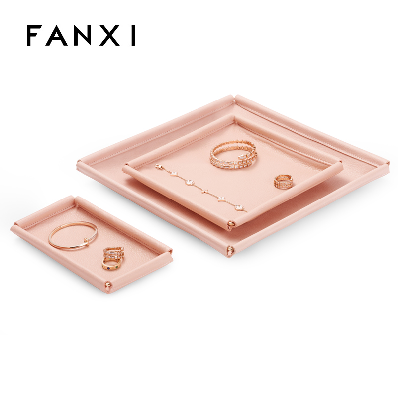Fanxi China Custom New Arrival Pink Pu Leather Jewelry Displays Ring Earrings Necklace Bracelet Jewelry Show Trays