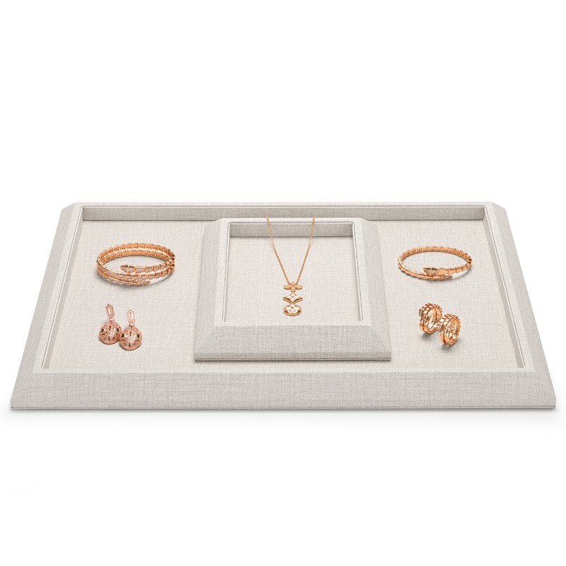 Fanxi Wholesale New Beige Pu Leather And Microfiber Jewelry Plate Ring Earrings Necklace Bangle Jewelry Showcase Display Tray